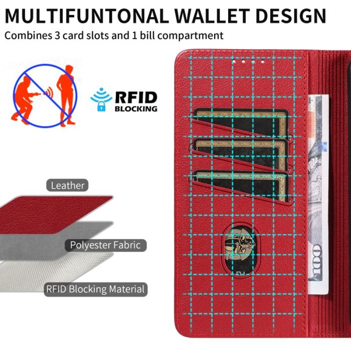 OEM - LITCHI Samsung Galaxy A35 5G Fodral Äkta Läder RFID Skydd - Vinröd