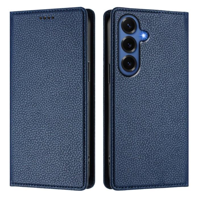 OEM - Litchi Samsung Galaxy S26 Plus Fodral Äkta Läder RFID Skydd - Mörkblå