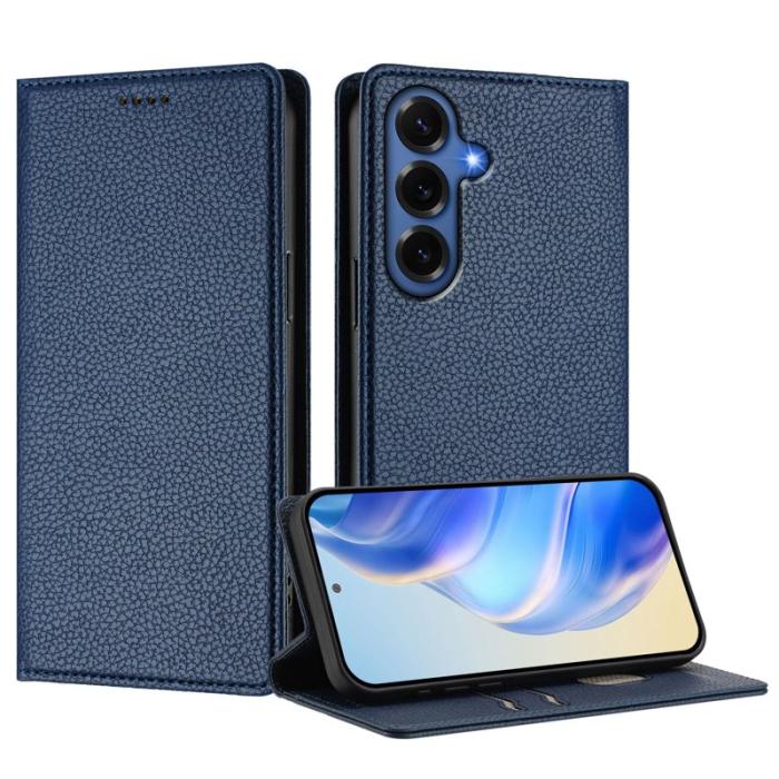 OEM - Litchi Samsung Galaxy S26 Plus Fodral Äkta Läder RFID Skydd - Mörkblå