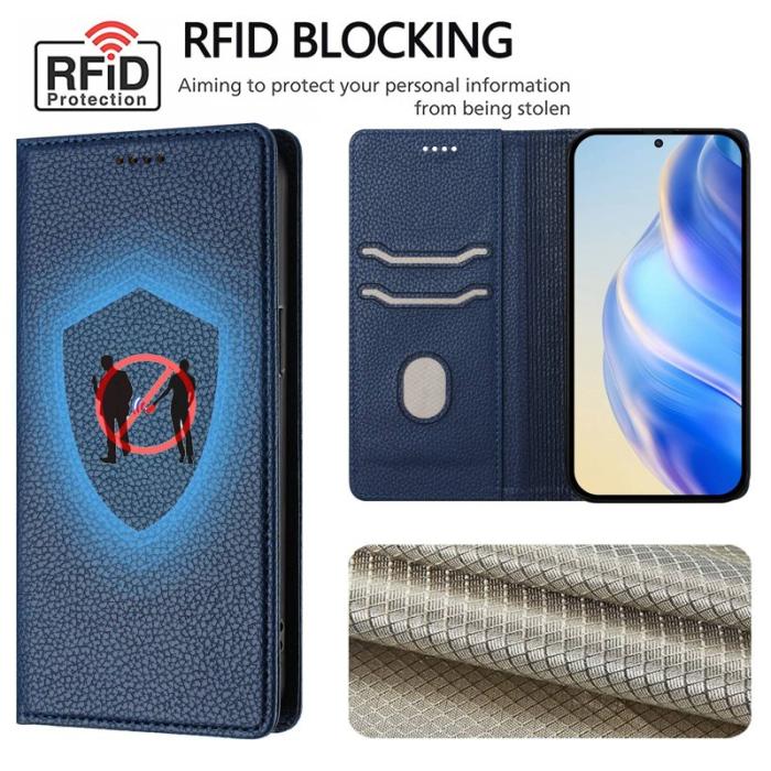 OEM - Litchi Samsung Galaxy S26 Plus Fodral Äkta Läder RFID Skydd - Mörkblå