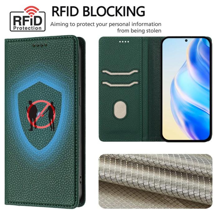 OEM - Litchi Samsung Galaxy S26 Plus Fodral Äkta Läder RFID Skydd - Mörkgrön