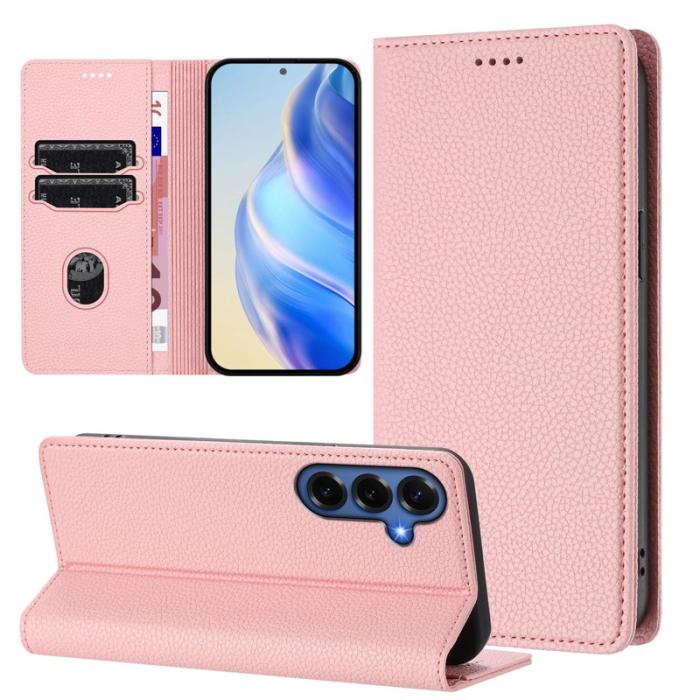 OEM - Litchi Samsung Galaxy S26 Plus Fodral RFID Skydd Äkta Läder - Rosa