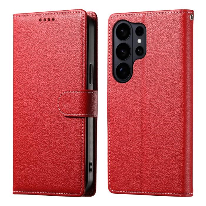 OEM - LITCHI Samsung Galaxy S26 Ultra Fodral Äkta Läder Magnetisk - Röd