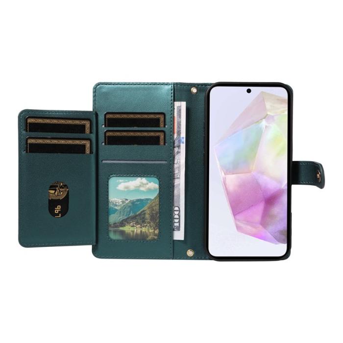 OEM - Rhombus Samsung Galaxy A35 5G Fodral Äkta Läder Ställ - Svartgrön