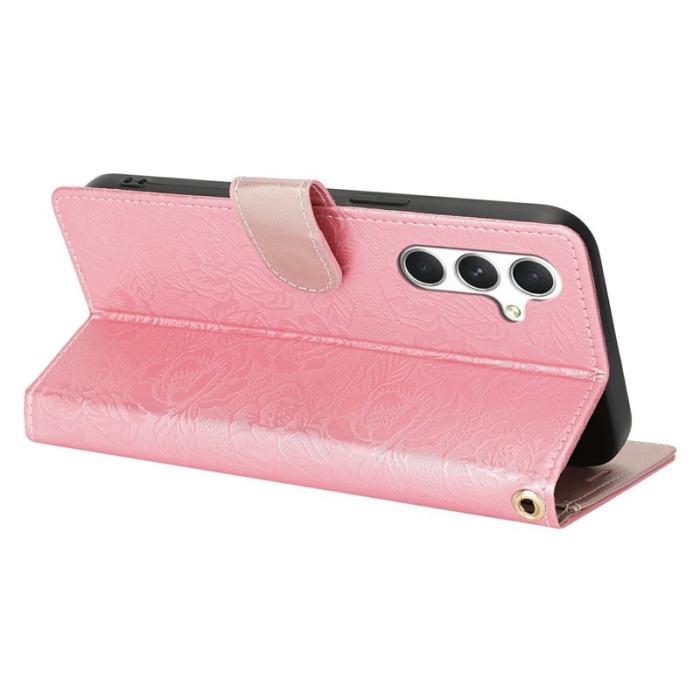 OEM - Samsung Galaxy A35 5G Fodral Äkta Läder Blommönster - Roséguld