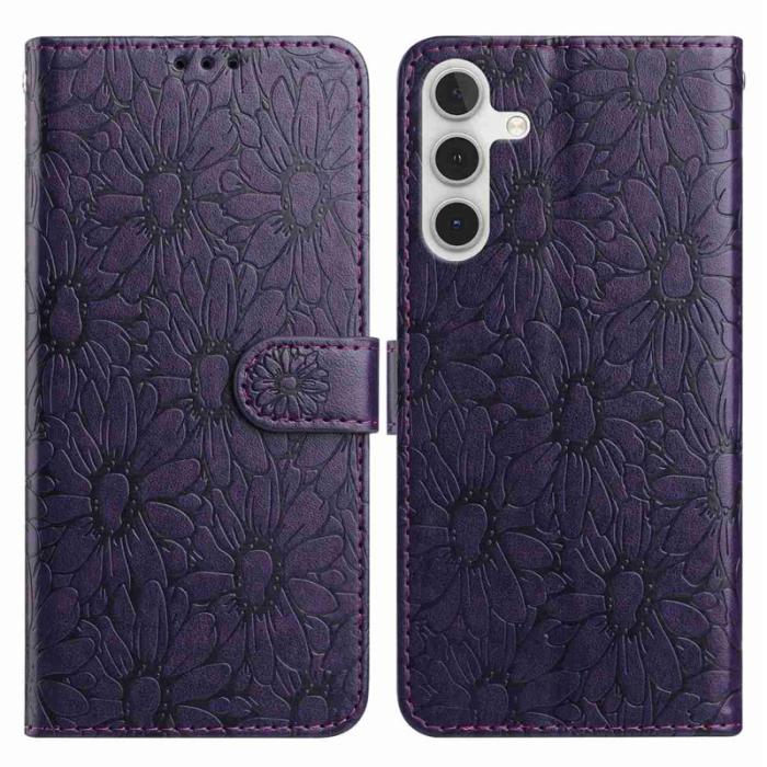 OEM - Samsung Galaxy A35 5G Fodral Äkta Läder Daisy Prägling - Mörklila