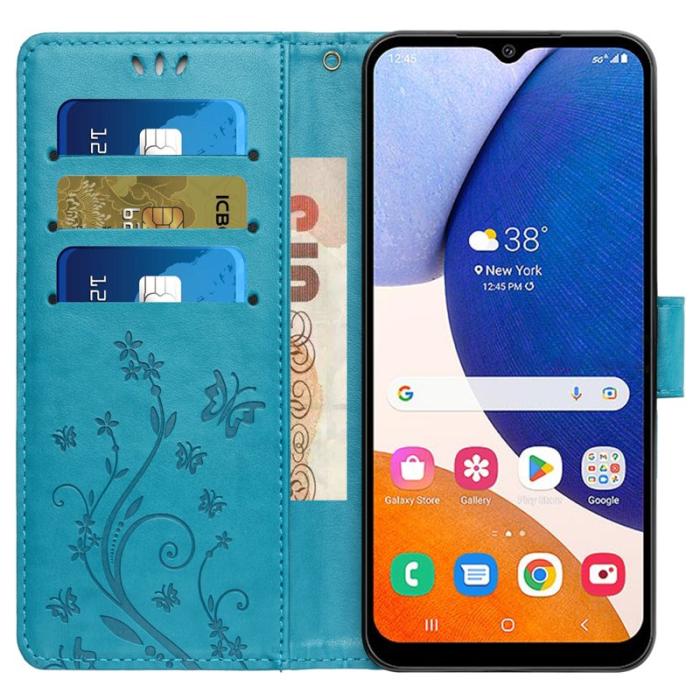 OEM - Samsung Galaxy A35 5G Fodral Äkta Läder Fjärilsdesign - Blå