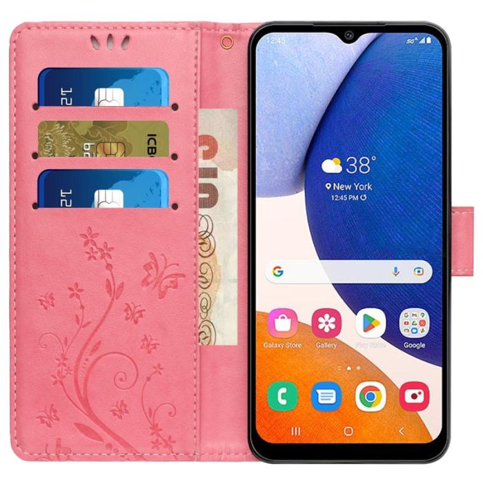 OEM - Samsung Galaxy A35 5G Fodral Äkta Läder Fjärilsdesign - Rosa
