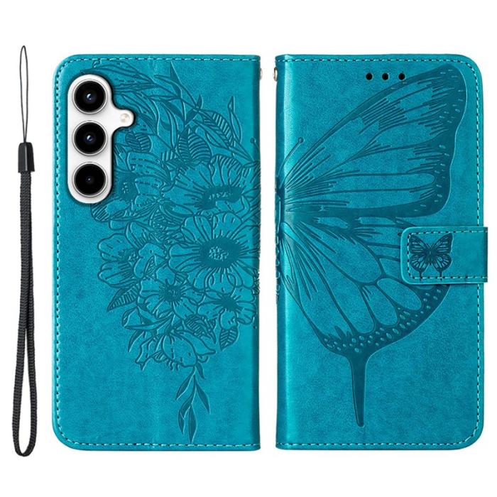 OEM - Samsung Galaxy A35 5G Fodral Äkta Läder Fjärilsimprint - Blå