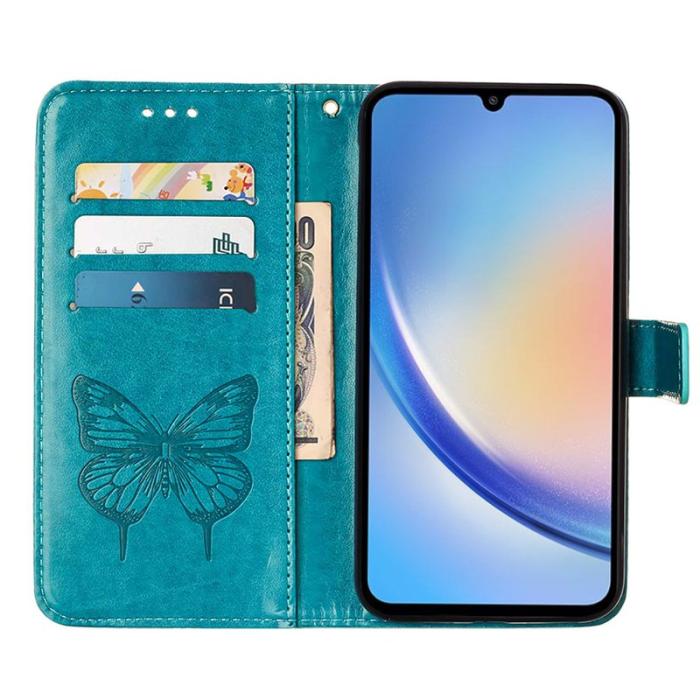 OEM - Samsung Galaxy A35 5G Fodral Äkta Läder Fjärilsimprint - Blå