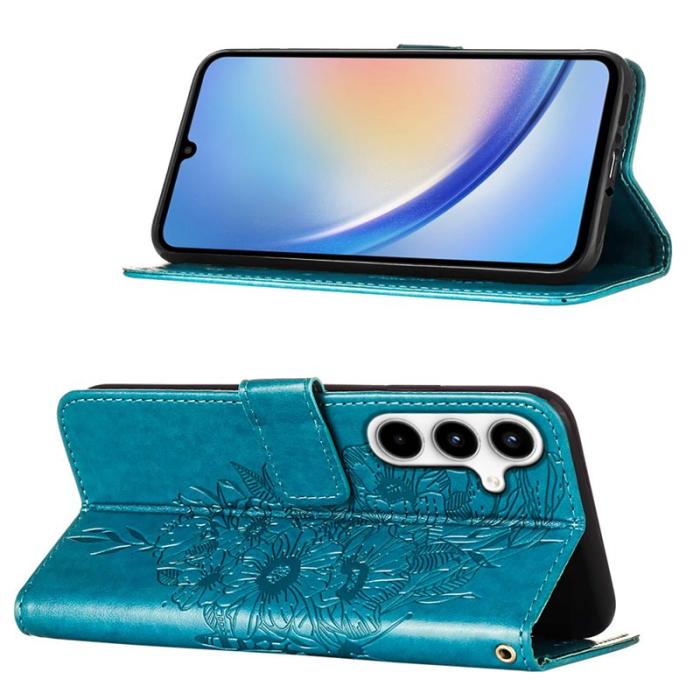 OEM - Samsung Galaxy A35 5G Fodral Äkta Läder Fjärilsimprint - Blå