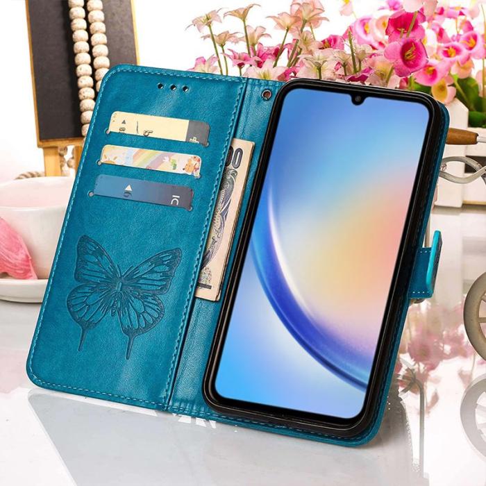 OEM - Samsung Galaxy A35 5G Fodral Äkta Läder Fjärilsimprint - Blå