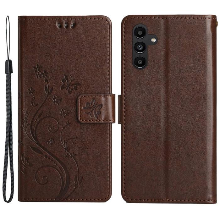 OEM - Samsung Galaxy A35 5G Fodral Äkta Läder Fjärilsmönster - Brun