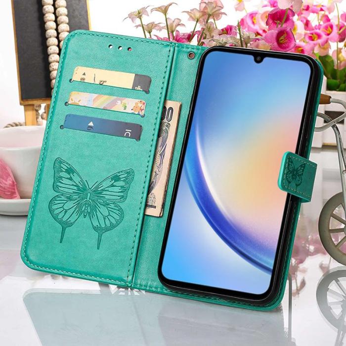 OEM - Samsung Galaxy A35 5G Fodral Äkta Läder Fjärilsprickar - Grön