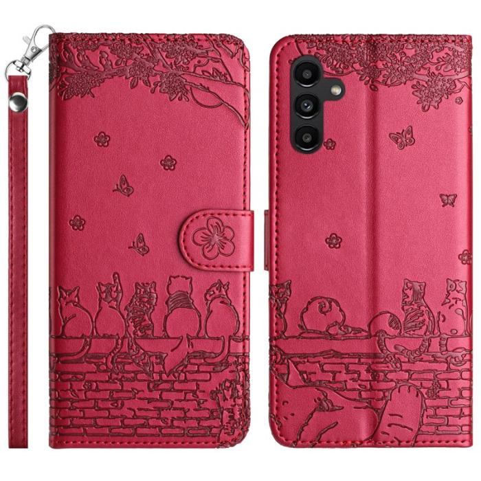 OEM - Samsung Galaxy A35 5G Fodral Äkta Läder Flip Cover med Rem - Röd