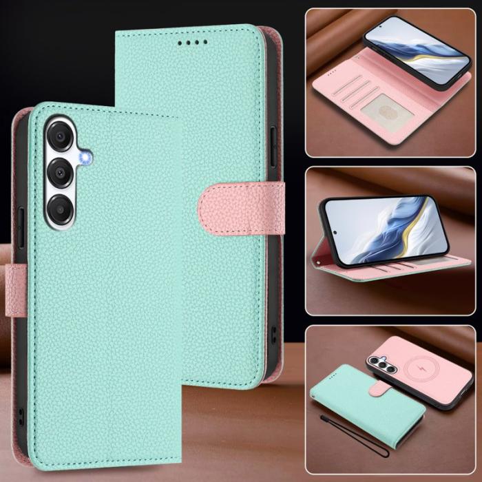 OEM - Samsung Galaxy A35 5G Fodral Äkta Läder Magnetiskt - Mintgrön / Rosa