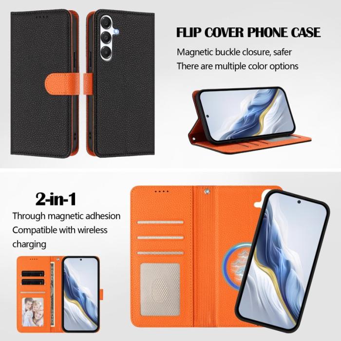 OEM - Samsung Galaxy A35 5G Fodral Äkta Läder Magnetiskt - Svart / Orange