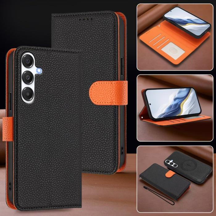 OEM - Samsung Galaxy A35 5G Fodral Äkta Läder Magnetiskt - Svart / Orange