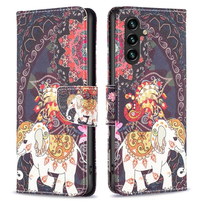 OEM - Samsung Galaxy A35 5G Fodral Äkta Läder Mönster - Blomma och Elefant