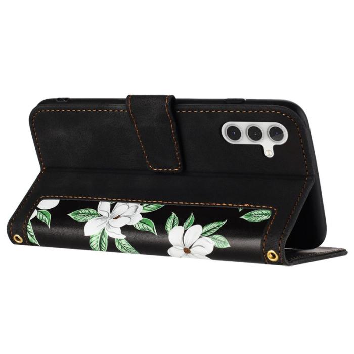 OEM - Samsung Galaxy A35 5G Fodral Äkta Läder Ställ Blommönster - Svart