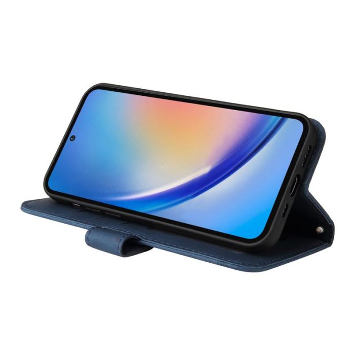 OEM - Samsung Galaxy A35 5G Fodral Äkta Läder Ställ med Rem - Blå