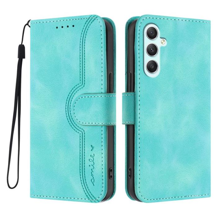 OEM - Samsung Galaxy A35 5G Fodral Äkta Läder Ställ Smiley - Ljusblå