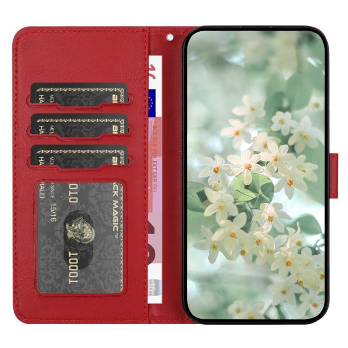 OEM - Samsung Galaxy A35 5G Fodral Blommönster Äkta Läder Flip - Röd