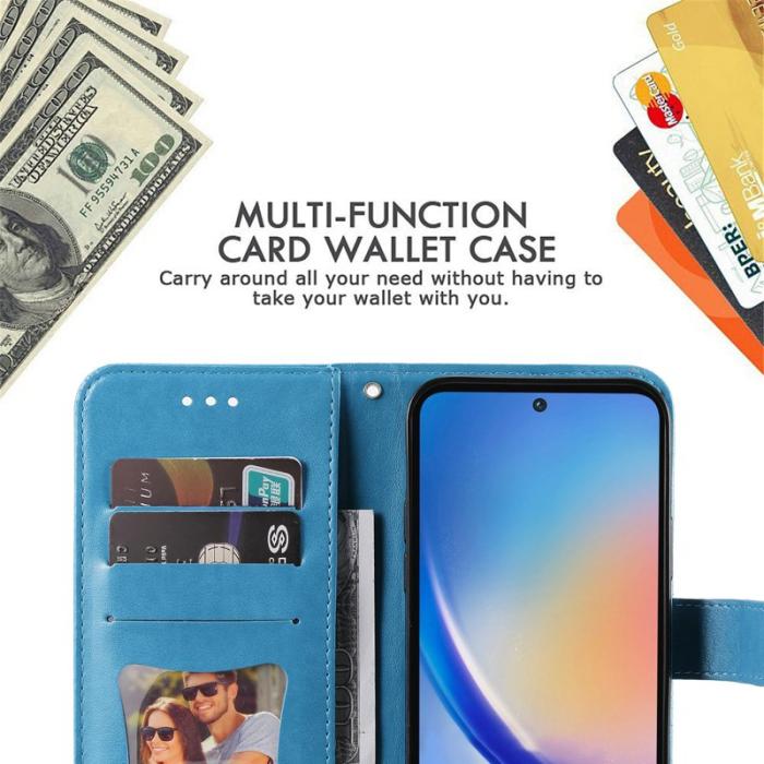 OEM - Samsung Galaxy A35 5G Fodral Blommönster Konstläder Ställ - Blå