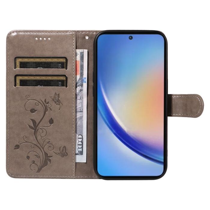 OEM - Samsung Galaxy A35 5G Fodral Konstläder Blommönster Ställ - Grå