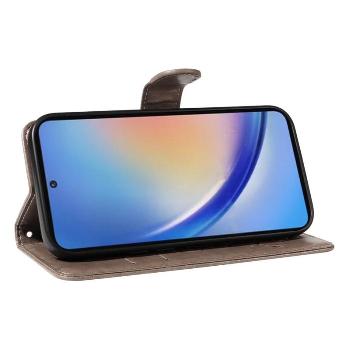 OEM - Samsung Galaxy A35 5G Fodral Konstläder Blommönster Ställ - Grå