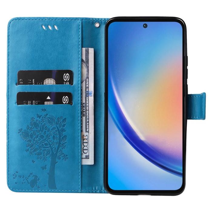 OEM - Samsung Galaxy A35 5G Fodral Läder Ställ Cat Tree Mönster - Blå