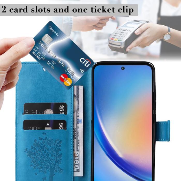 OEM - Samsung Galaxy A35 5G Fodral Läder Ställ Cat Tree Mönster - Blå