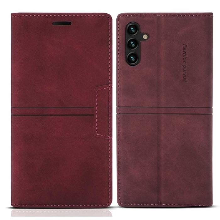 OEM - Samsung Galaxy A35 5G Fodral Magnetiskt Flip Ställ Äkta Läder - Vinröd