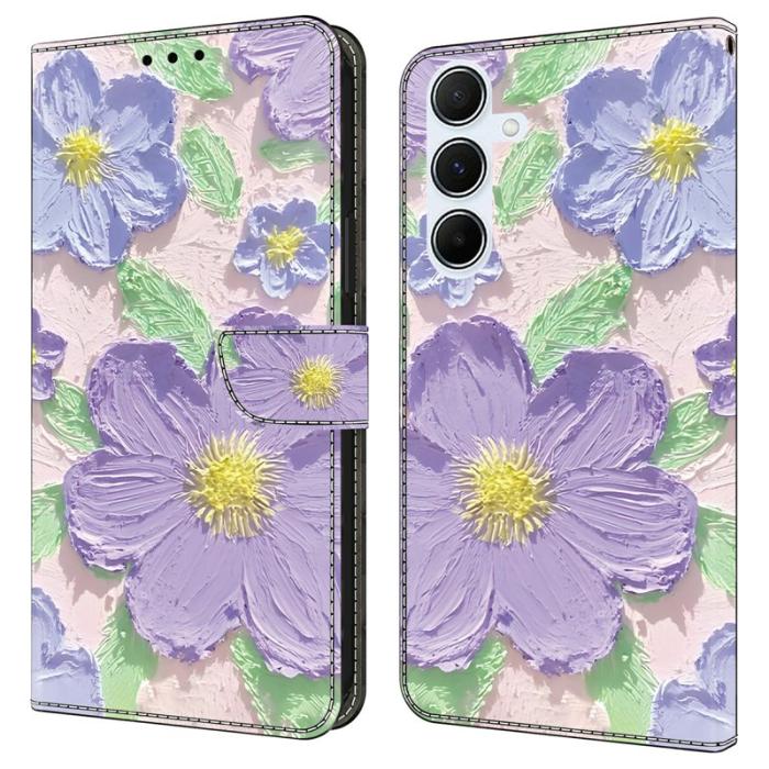 OEM - Samsung Galaxy A35 5G Fodral Mönstertryck Äkta Läder - Lila Blommor