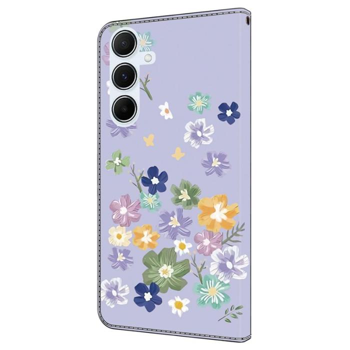 OEM - Samsung Galaxy A35 5G Fodral Mönstertryck Anti-Drop Äkta Läder - Lila Blommor