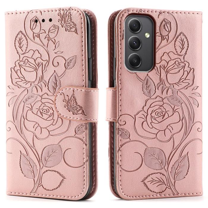 OEM - Samsung Galaxy A35 5G Fodral Ställ Impräntad Rosfjäril Konstläder - Roséguld