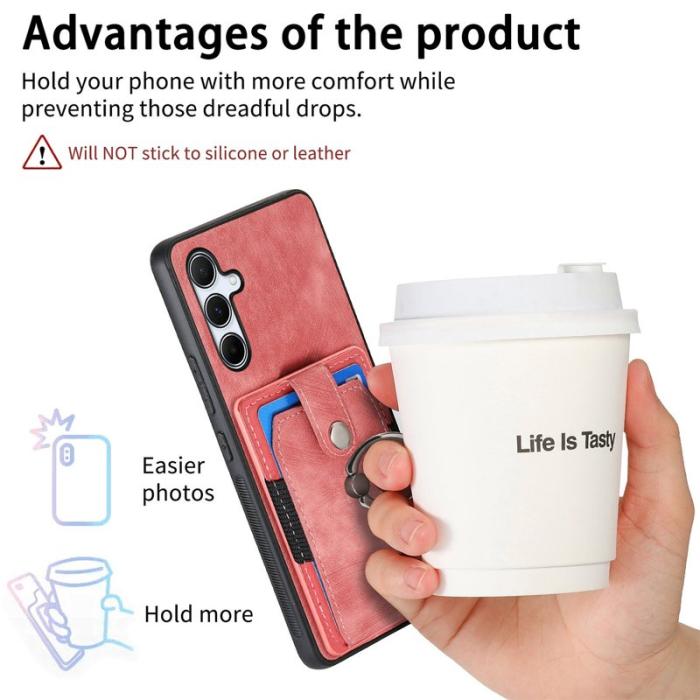 OEM - Samsung Galaxy A35 5G Skal Äkta Läder Med Kortfack Ställ - Rosa