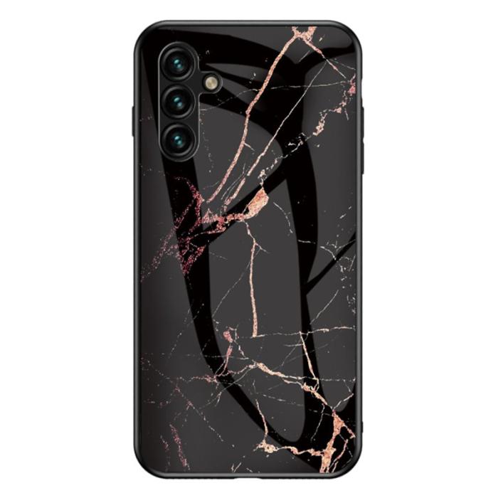 OEM - Samsung Galaxy A35 5G Skal Marmor Mönster Härdat Glas+Plast - Guld Svart Marmor