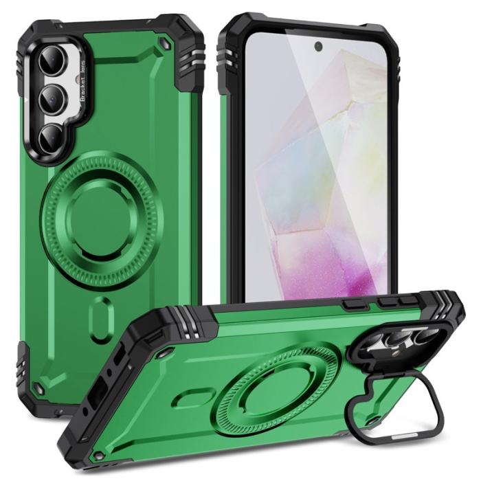 OEM - Samsung Galaxy A35 5G Skal Metall Linsskydd Kickstand Plast - Grön