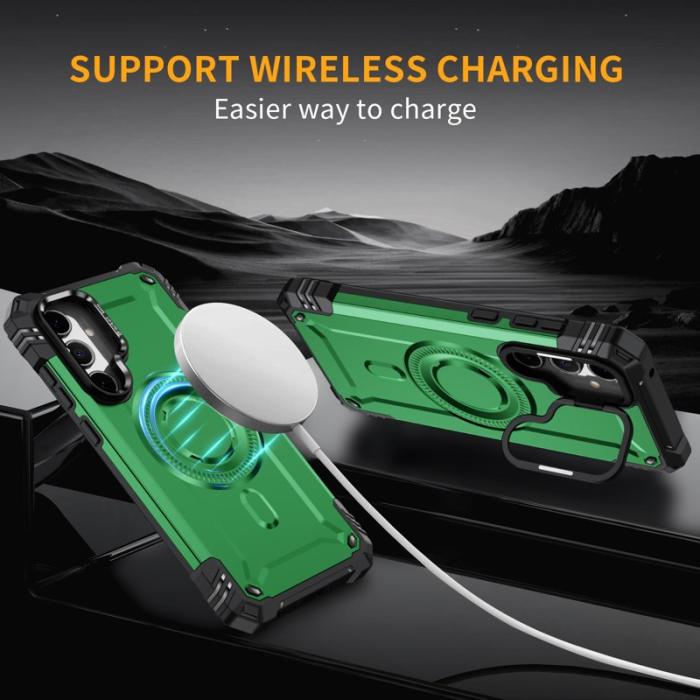 OEM - Samsung Galaxy A35 5G Skal Metall Linsskydd Kickstand Plast - Grön