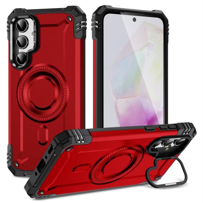 OEM - Samsung Galaxy A35 5G Skal Metall Linsskydd Kickstand Plast - Röd