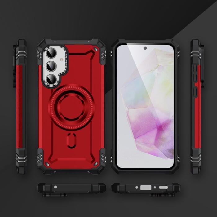 OEM - Samsung Galaxy A35 5G Skal Metall Linsskydd Kickstand Plast - Röd