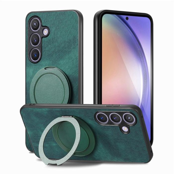 OEM - Samsung Galaxy A35 5G Skal Rotera Kickstand Retro Äkta Läder - Grön