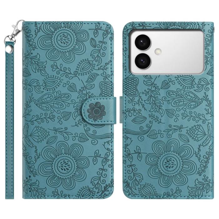 OEM - Samsung Galaxy S26 Edge Fodral Blommönstrad Äkta Läder Skydd - Svartgrön