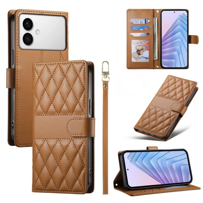 OEM - Samsung Galaxy S26 Edge Fodral Rhombus Sömnad Ställ Äkta Läder - Brun