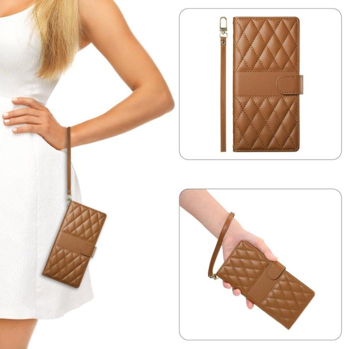 OEM - Samsung Galaxy S26 Edge Fodral Rhombus Sömnad Ställ Äkta Läder - Brun