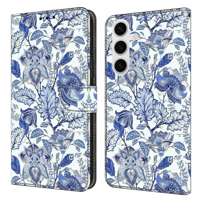 OEM - Samsung Galaxy S26 Fodral Äkta Läder Mönstertryck - Blå Blomma
