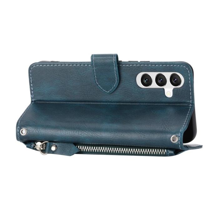 OEM - Samsung Galaxy S26 Plus Fodral Dragkedja Äkta Läder - Svartgrön