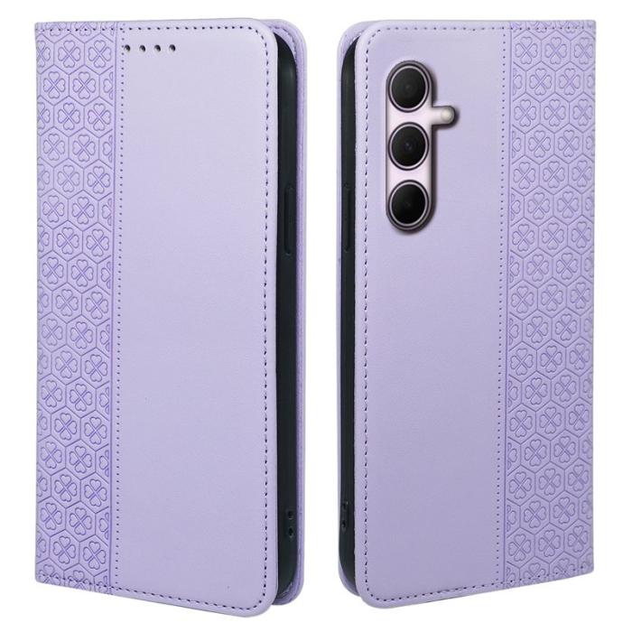 OEM - Samsung Galaxy S26 Fodral Fyrklöver Äkta Läder Flip - Ljuslila