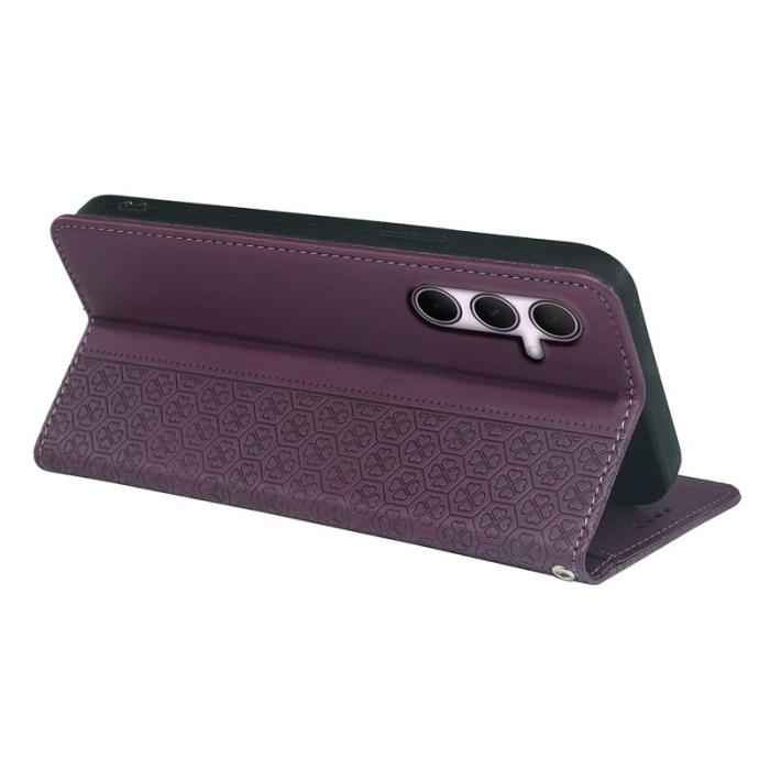 OEM - Samsung Galaxy S26 Fodral Fyrklöver Äkta Läder Flip - Mörklila